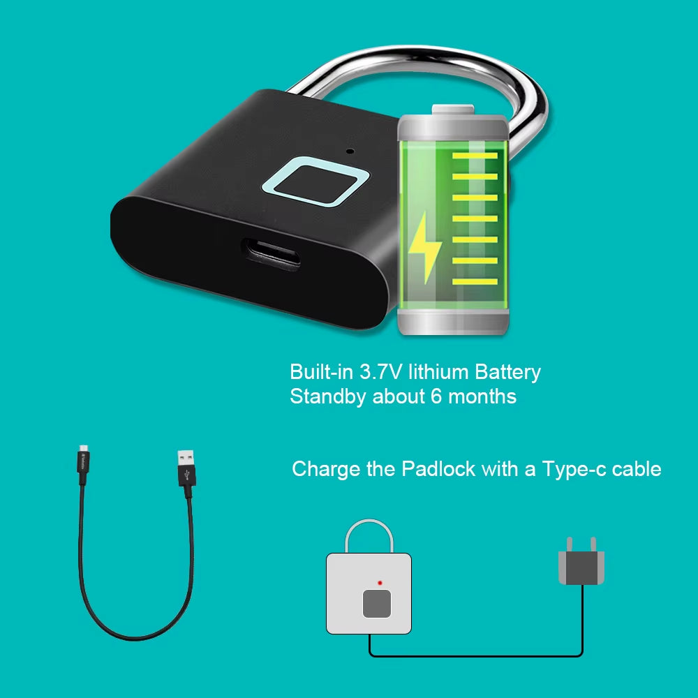 Candado inteligente biométrico con huella dactilar y batería recargable