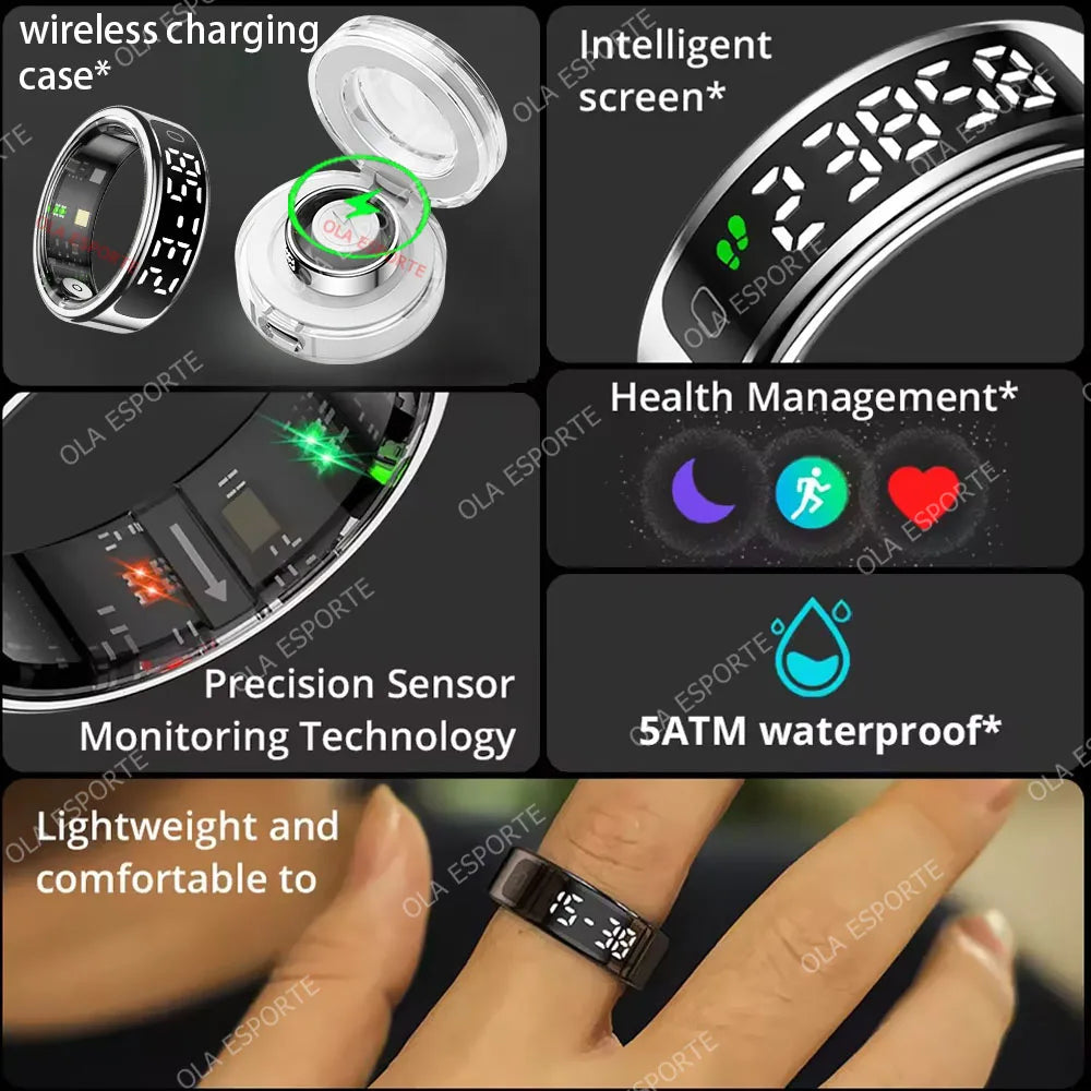 Smart Ring 2025 con Pantalla y Carga Inalámbrica – Monitor de Salud y Actividad, Resistente al Agua 5ATM