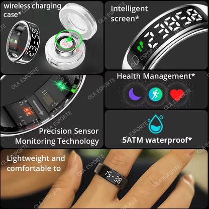 Smart Ring 2025 con Pantalla y Carga Inalámbrica – Monitor de Salud y Actividad, Resistente al Agua 5ATM